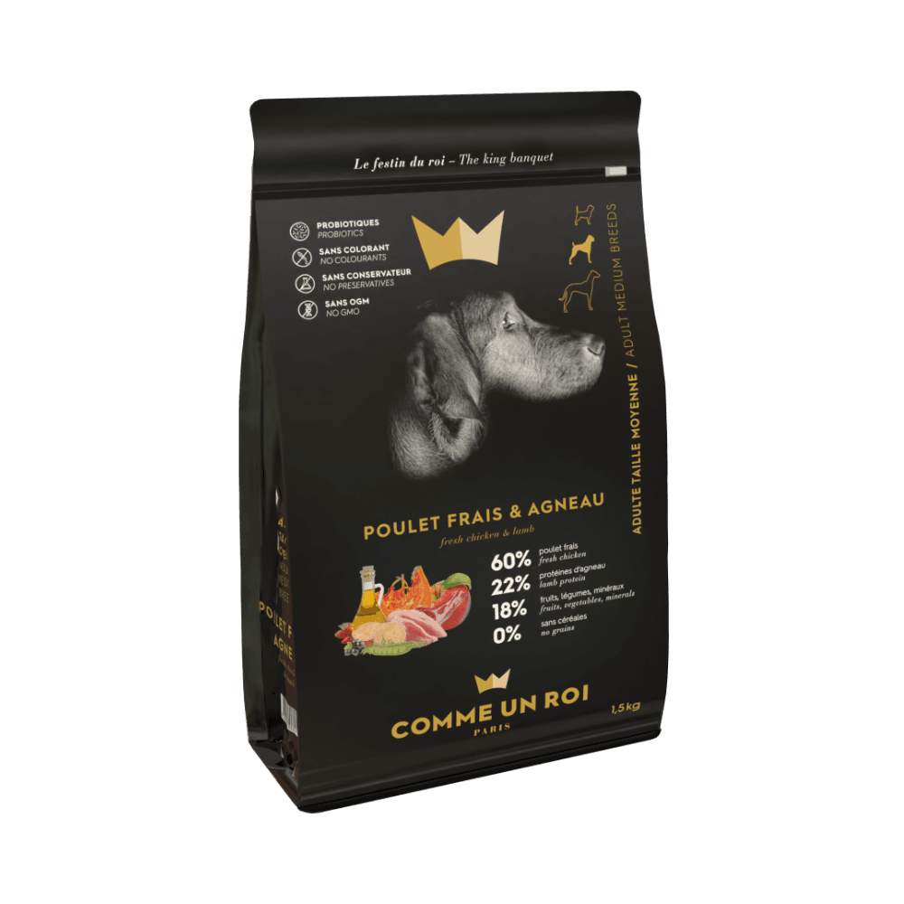 Comme Un Roi - Croquettes Sans Céréales Poulet Frais et Agneau Chien Adulte Moyenne Taille