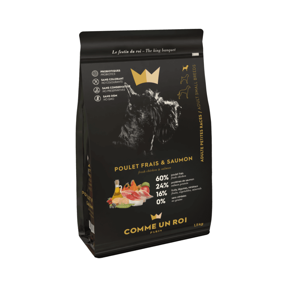 Comme Un Roi - Croquettes Sans Céréales Poulet Frais et Saumon Chien Adulte Petite Taille