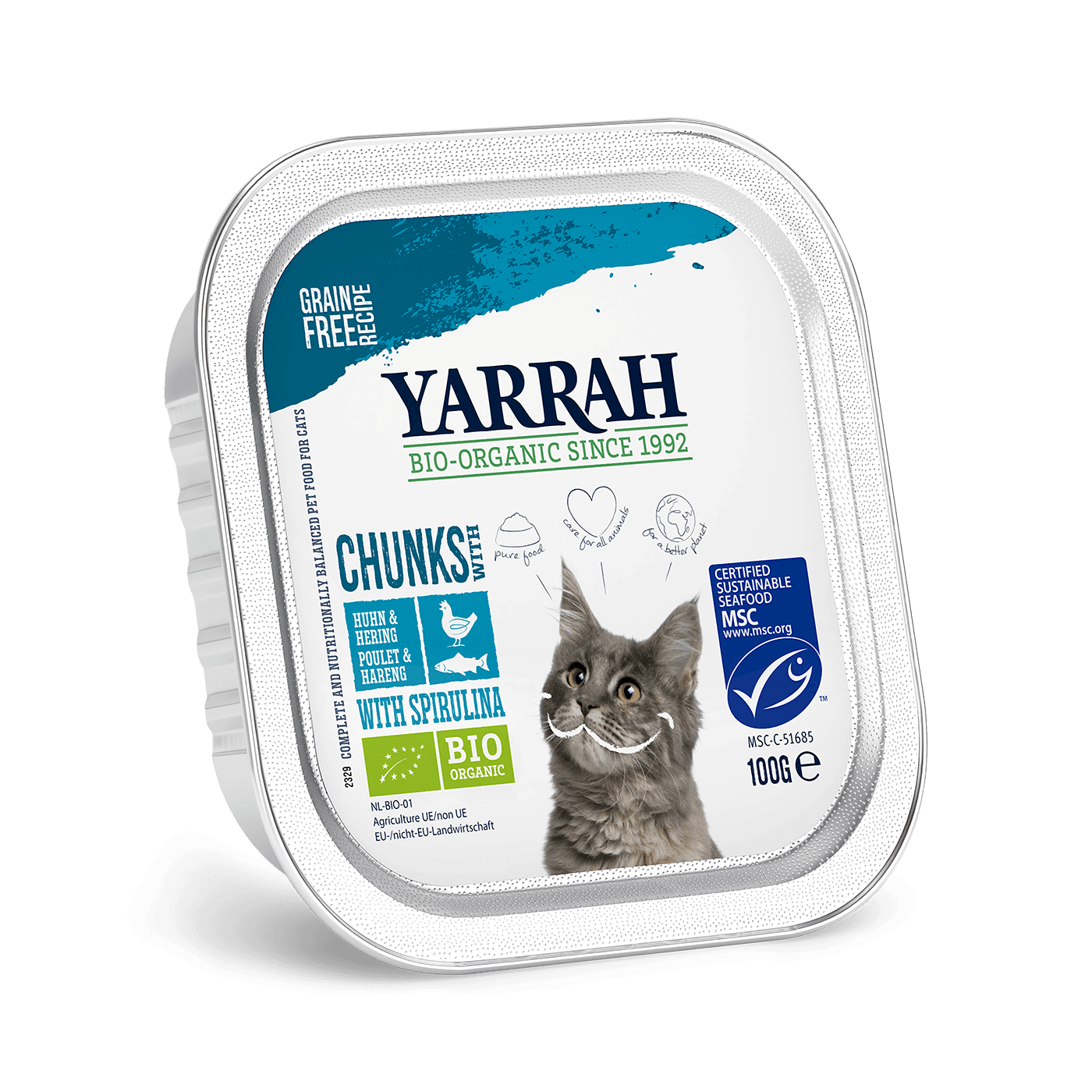 Yarrah - Bouchées Bio Sans Céréales Poulet et Hareng label MSC Chat 100gr