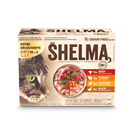 Shelma -  Filets cuits à la vapeur Sans Céréales, offre 10+2 sachets viandes Chat
